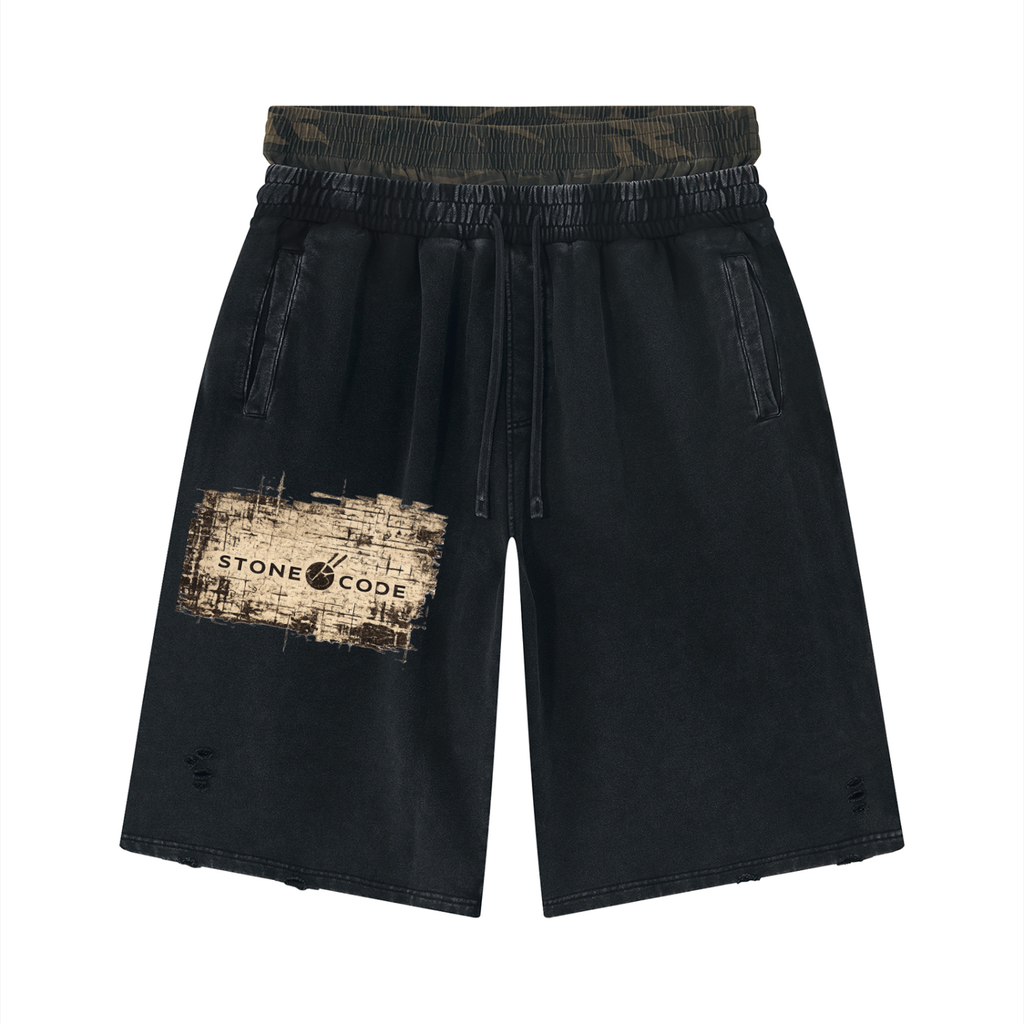 Stone Code Vintage Wash Distressed Wide Leg Shorts