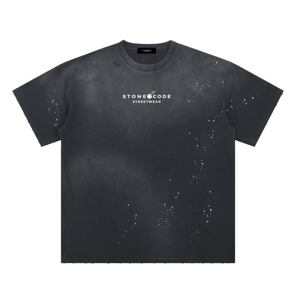 Stone Code Hand-Frayed Sunfade Paint Splatter T-Shirt