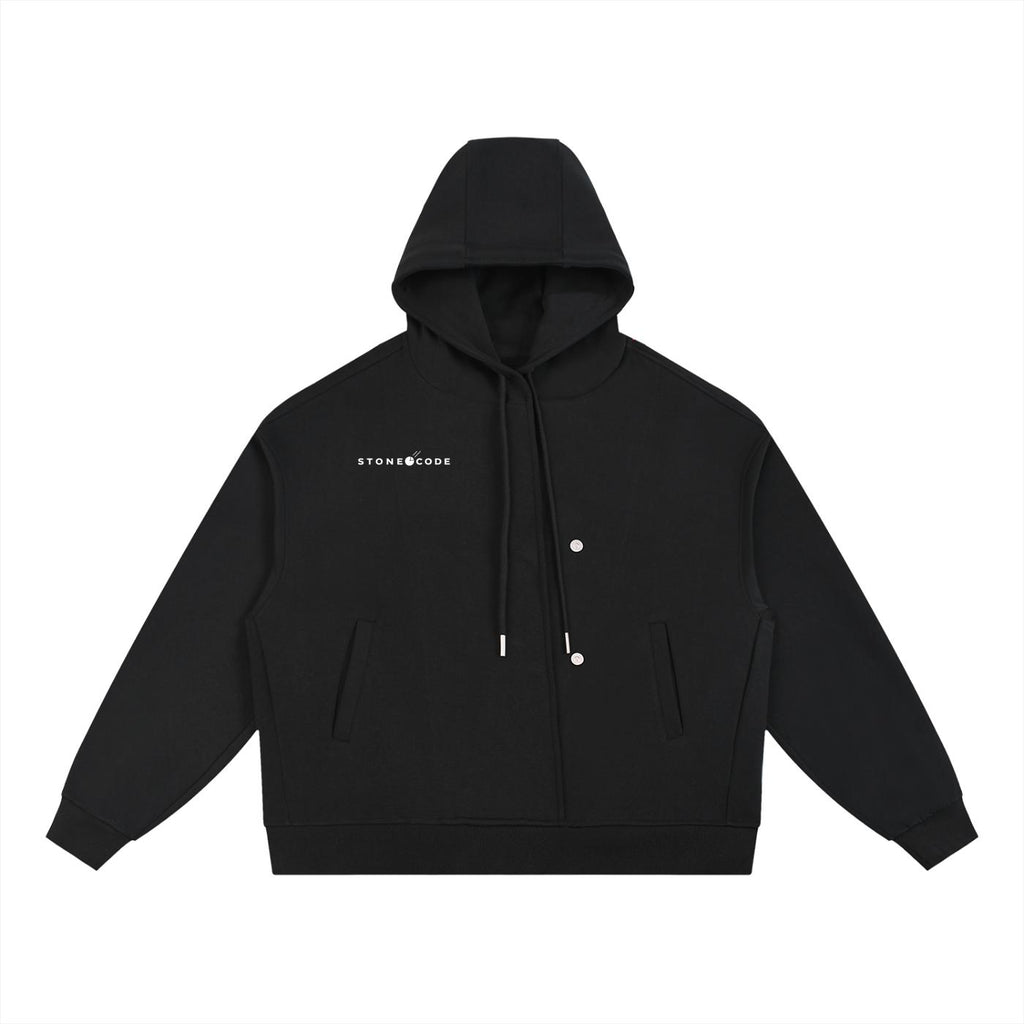 Black oversized cotton blend hoodie with white "STONE CODE" logo, button placket, drawstring hood, and front pockets.
