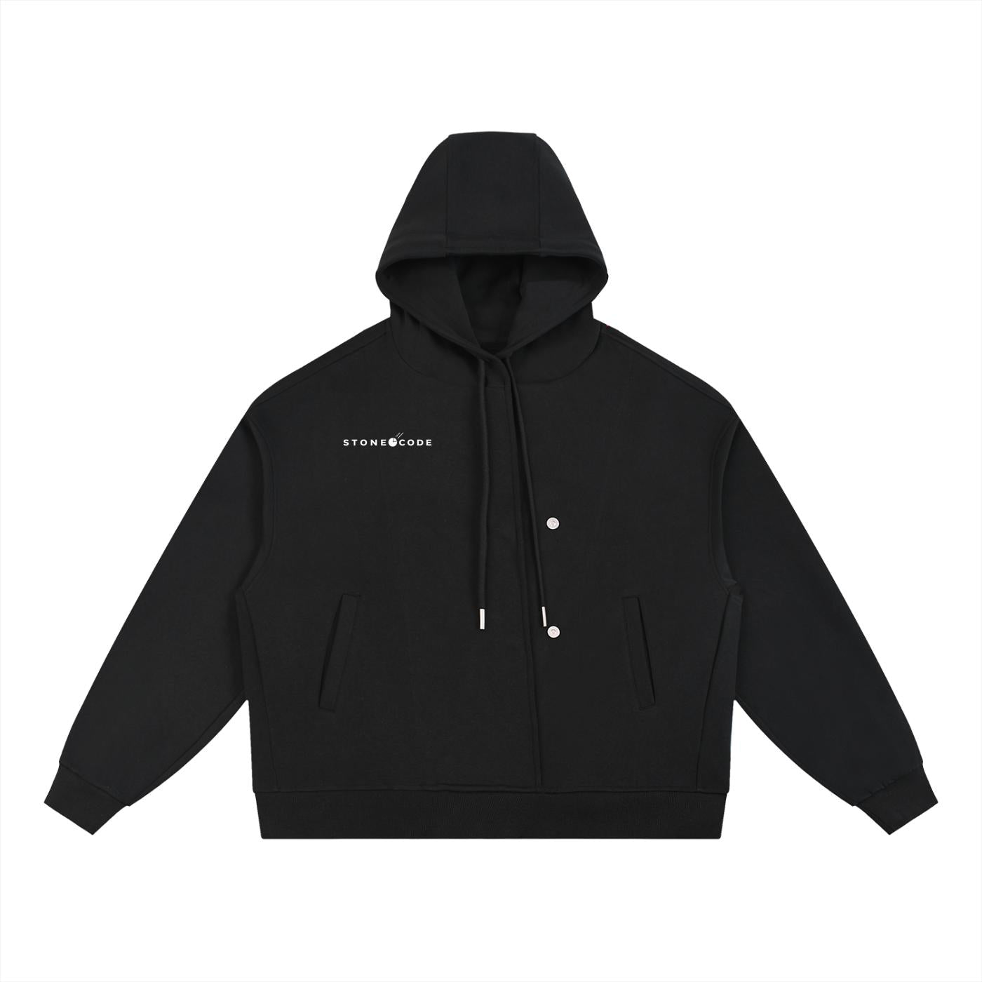 Black oversized cotton blend hoodie with white "STONE CODE" logo, button placket, drawstring hood, and front pockets.