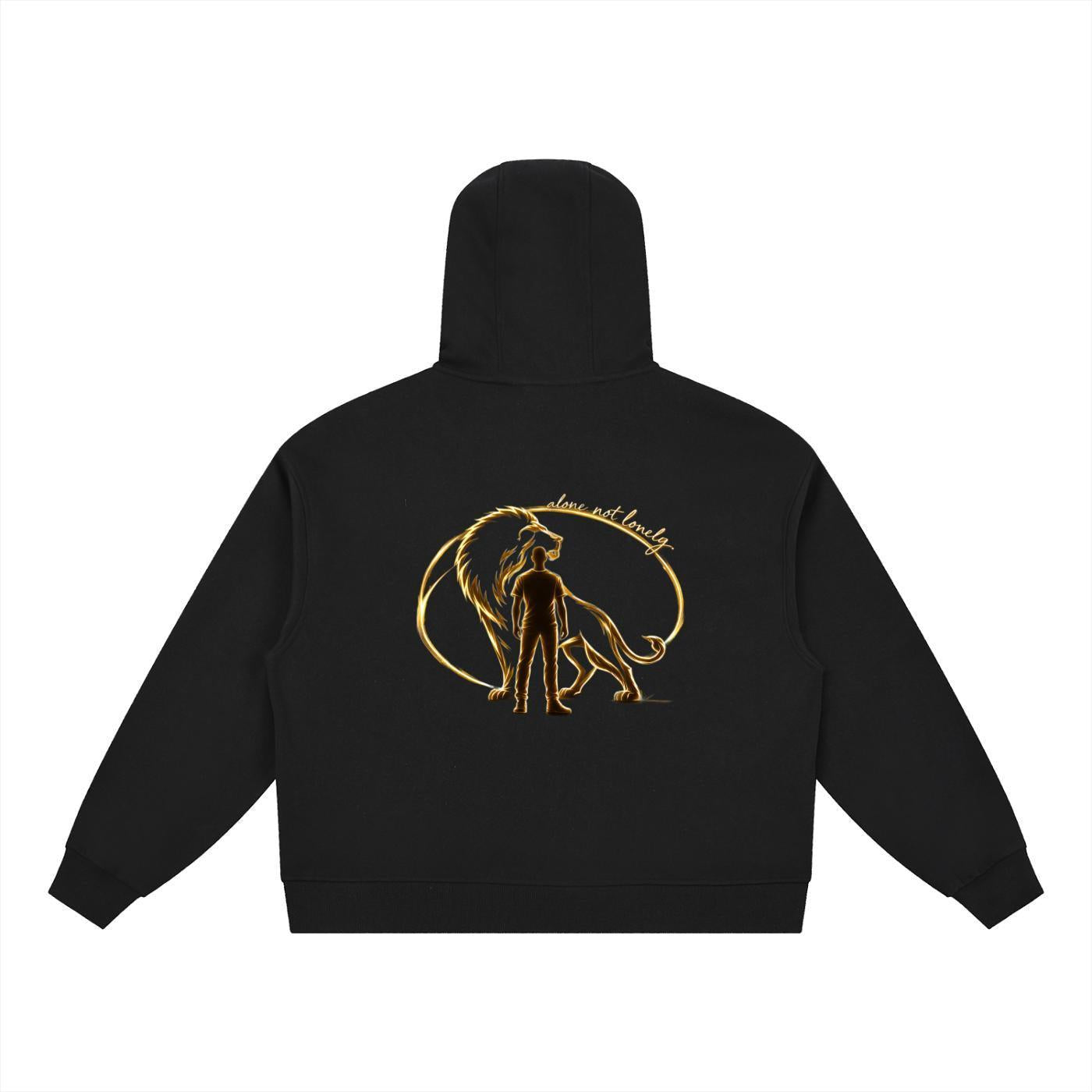 Black cotton blend boxy hoodie with a gold lion and man graphic on the back.