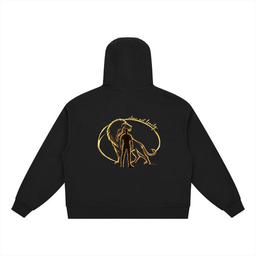 Black cotton blend boxy hoodie with a gold lion and man graphic on the back.
