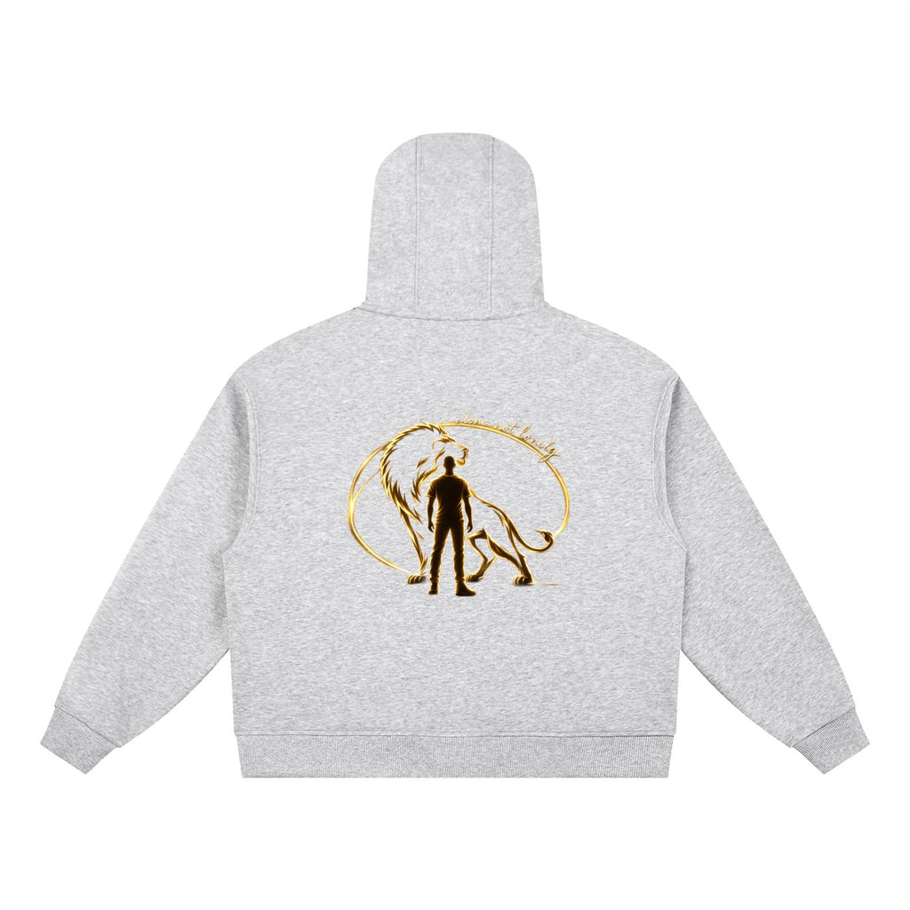 Light gray cotton blend hoodie with a gold lion and man graphic on the back.