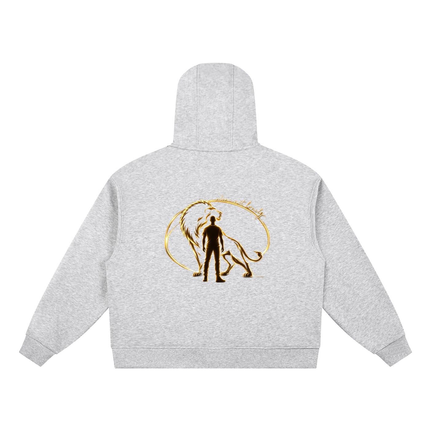 Light gray cotton blend hoodie with a gold lion and man graphic on the back.