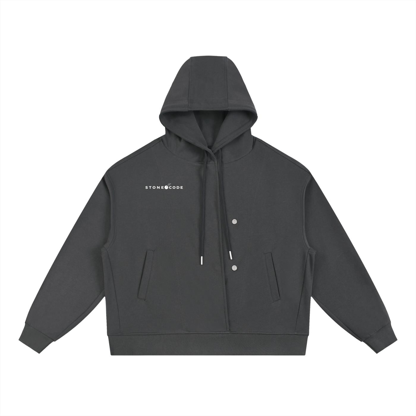 Dark gray Boxy Button Placket Hoodie with white "STONE CODE" logo, drawstring hood, drop shoulders, and front pockets.