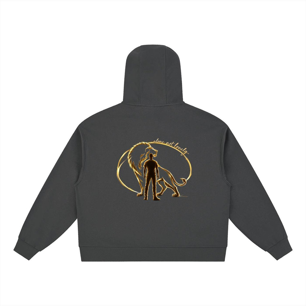 Dark gray cotton blend hoodie with a gold lion and man graphic on the back.