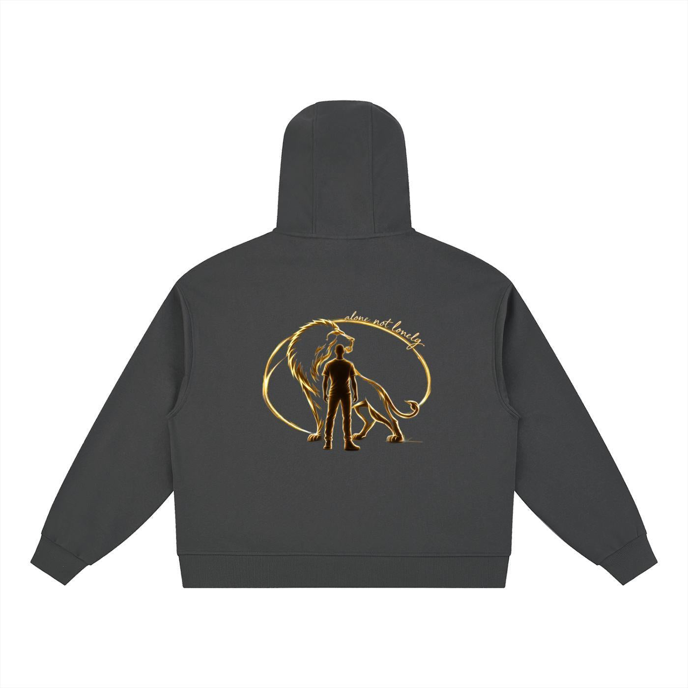 Dark gray cotton blend hoodie with a gold lion and man graphic on the back.