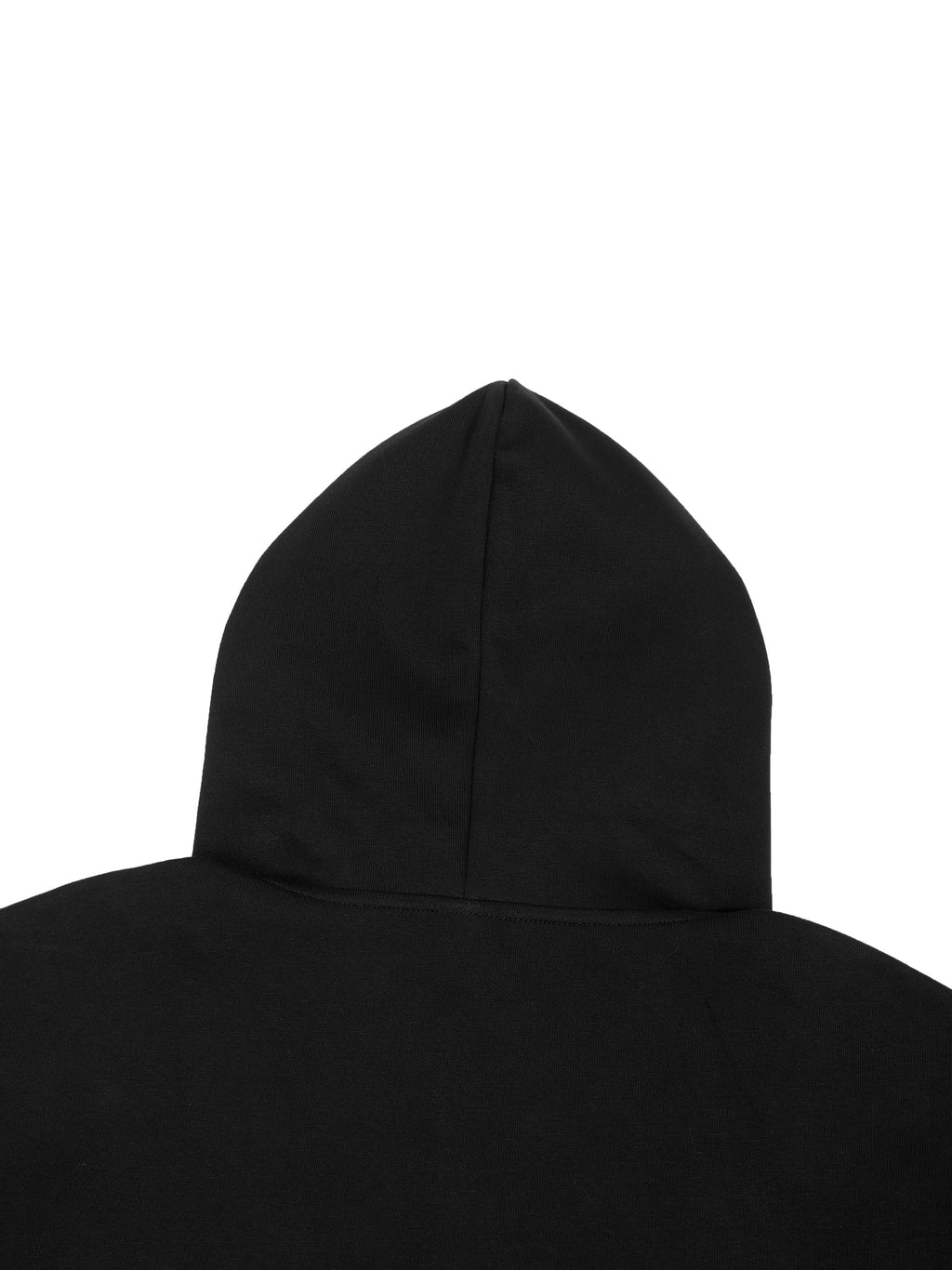 Back view of a black hooded sweatshirt, showing the hood and upper back.