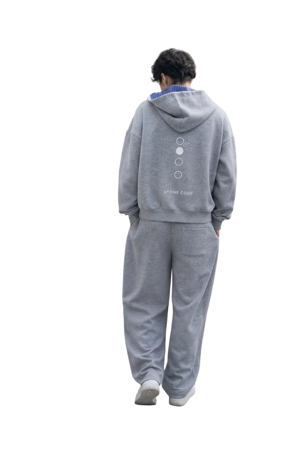 Unisex gray oversized hoodie and sweatpants set with "STONE CODE" graphic on back.