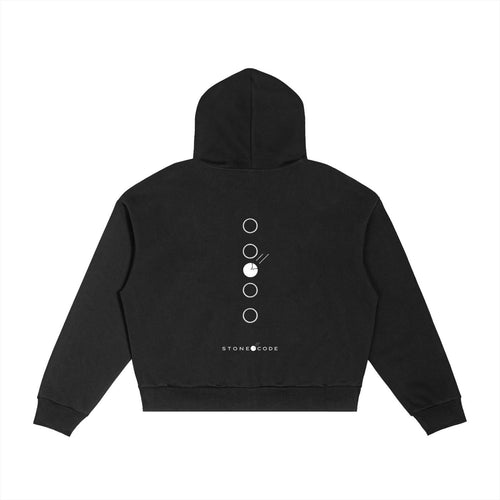 Black oversized hooded sweatshirt with white circular graphic and "STONE CODE" text on the back.
