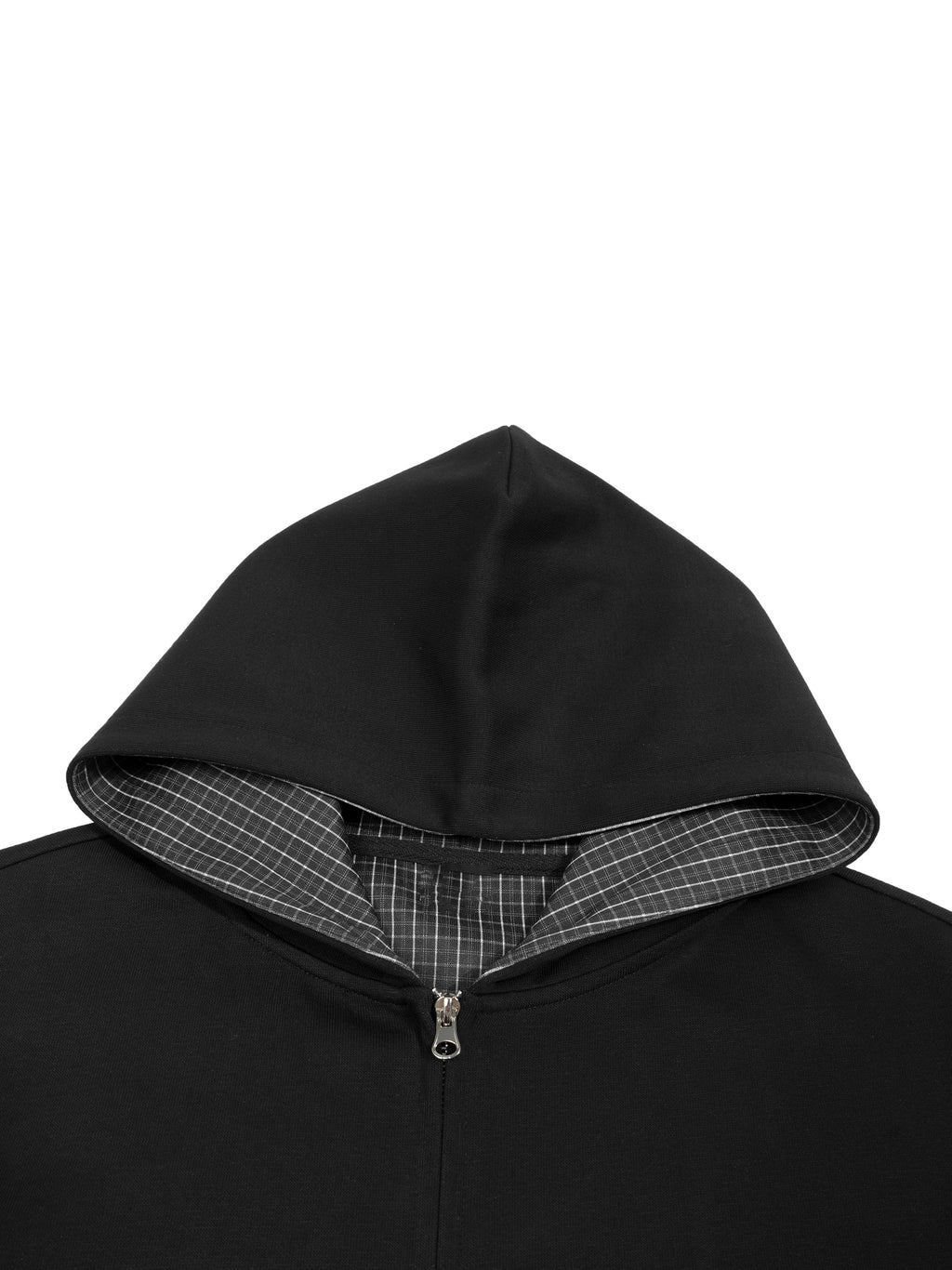Black boxy zip hoodie with a contrast plaid hood lining and silver zipper.
