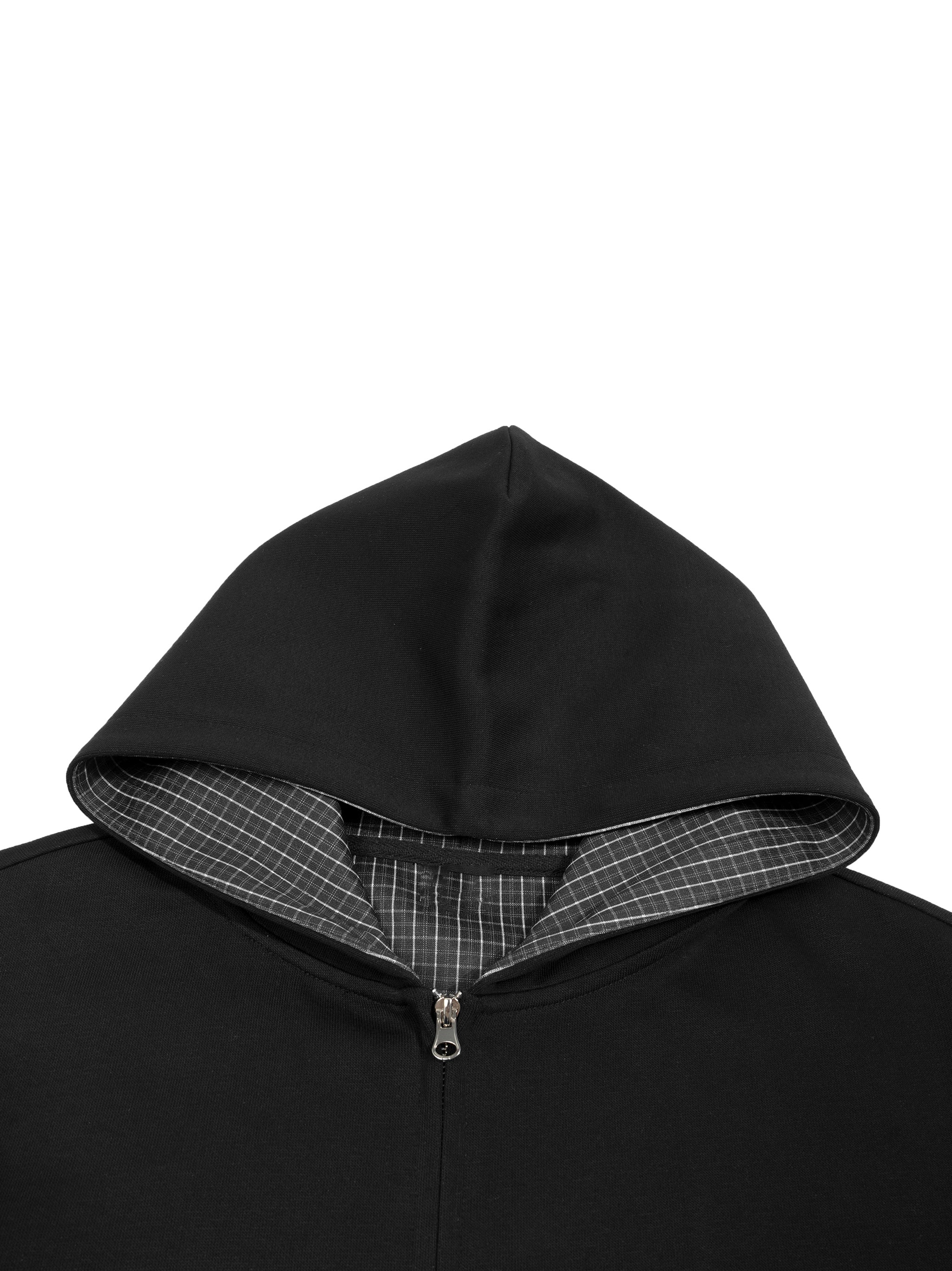Black boxy zip hoodie with a contrast plaid hood lining and silver zipper.