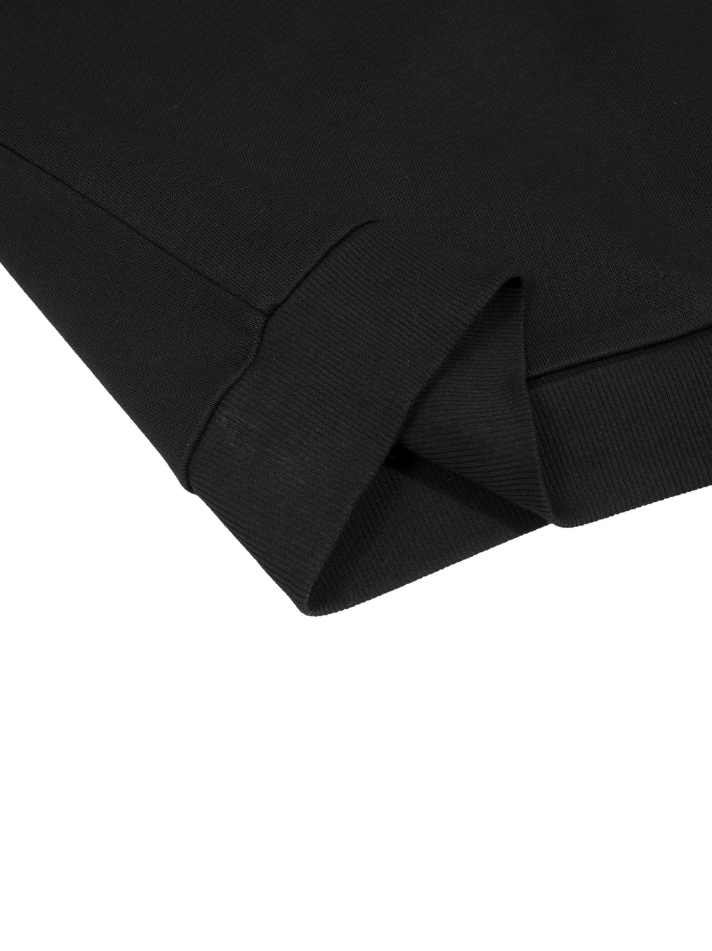 Close-up of a black cotton blend long sleeve with ribbed cuff.