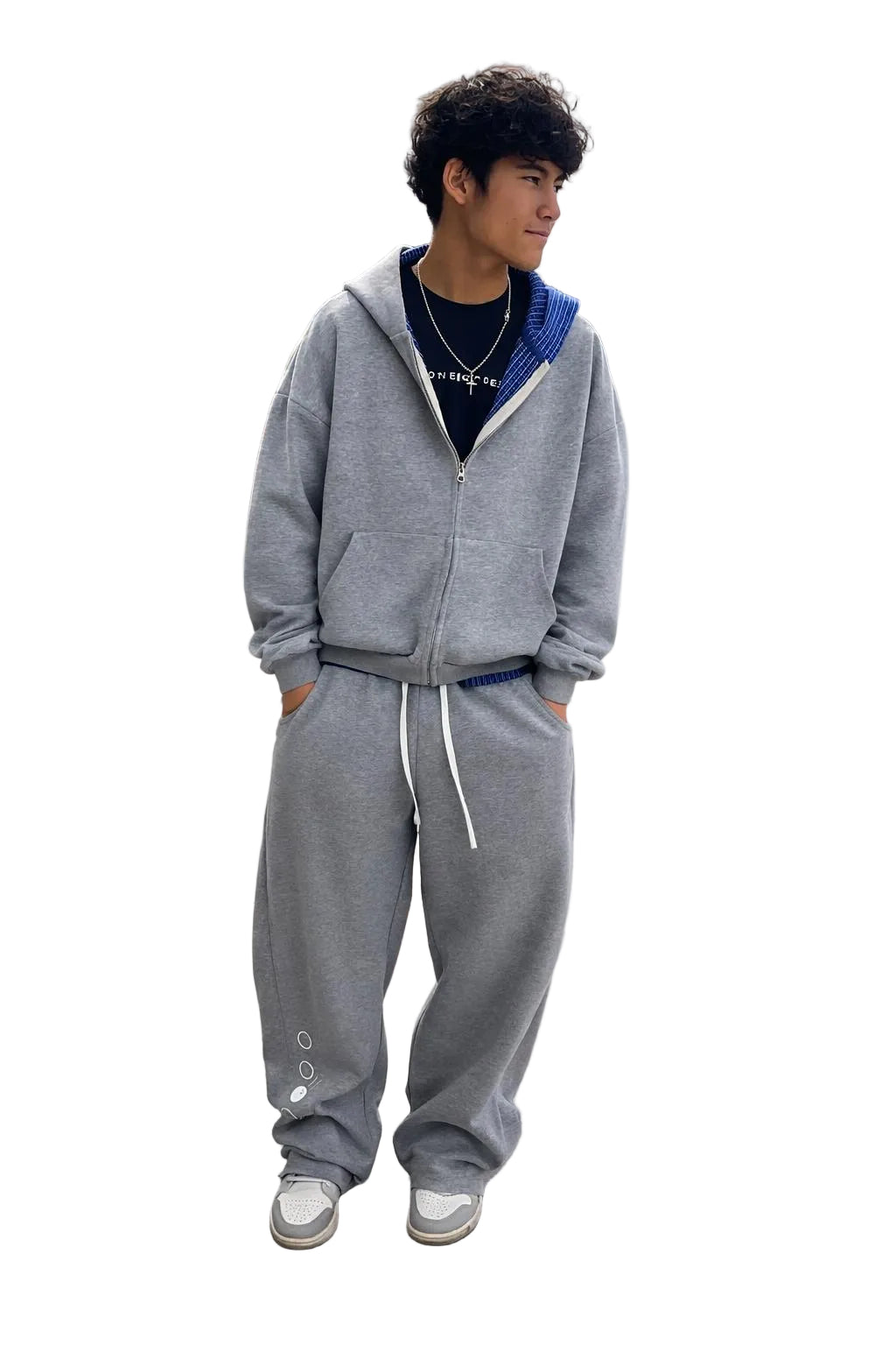 Unisex gray oversized zip hoodie with blue plaid lining and matching sweatpants.