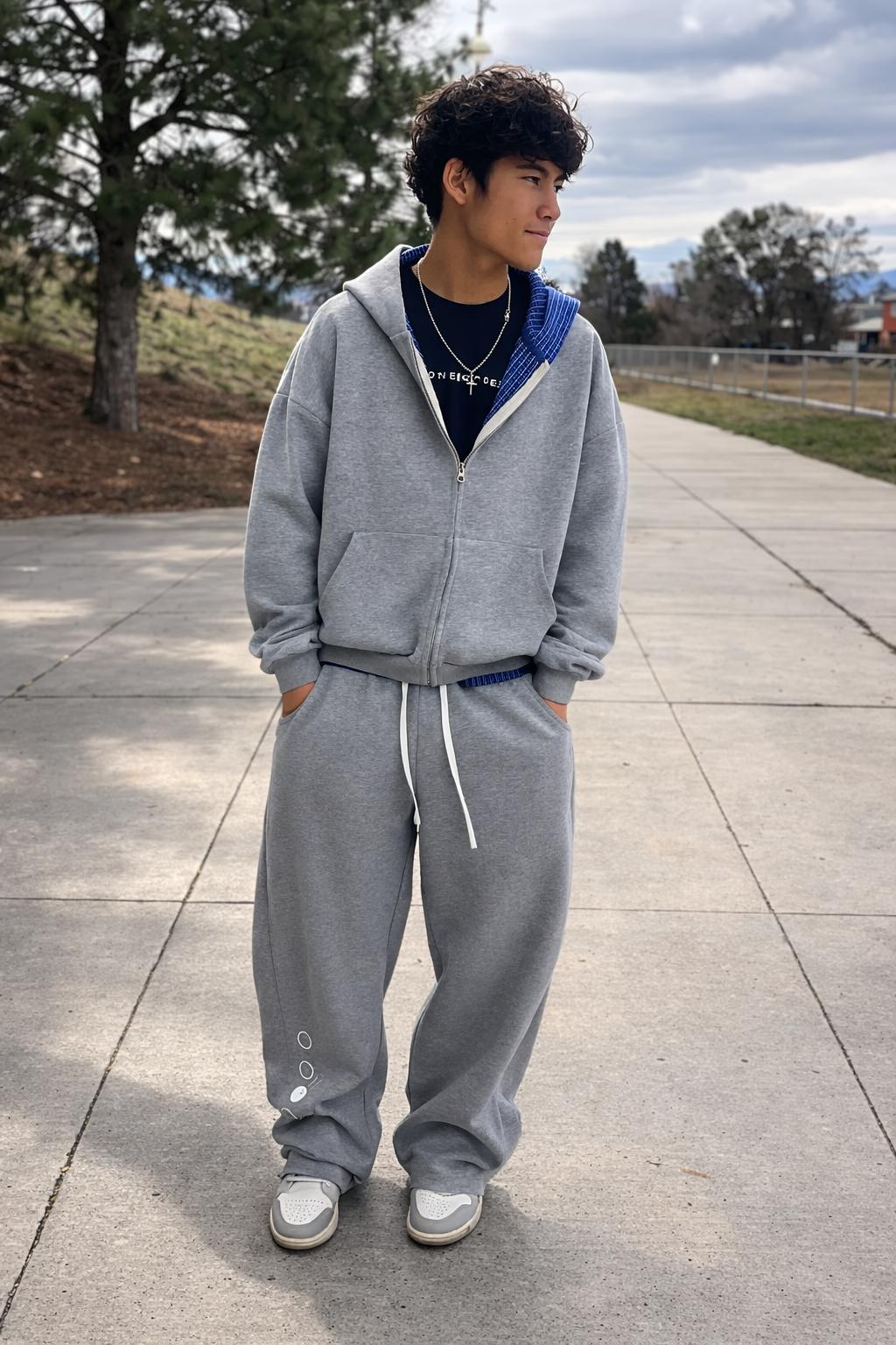 Unisex gray oversized zip hoodie with blue plaid lining and matching sweatpants.