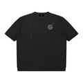 Black cotton knit short sleeve Henley T-shirt with a subtle gray graphic design and ribbed hem.