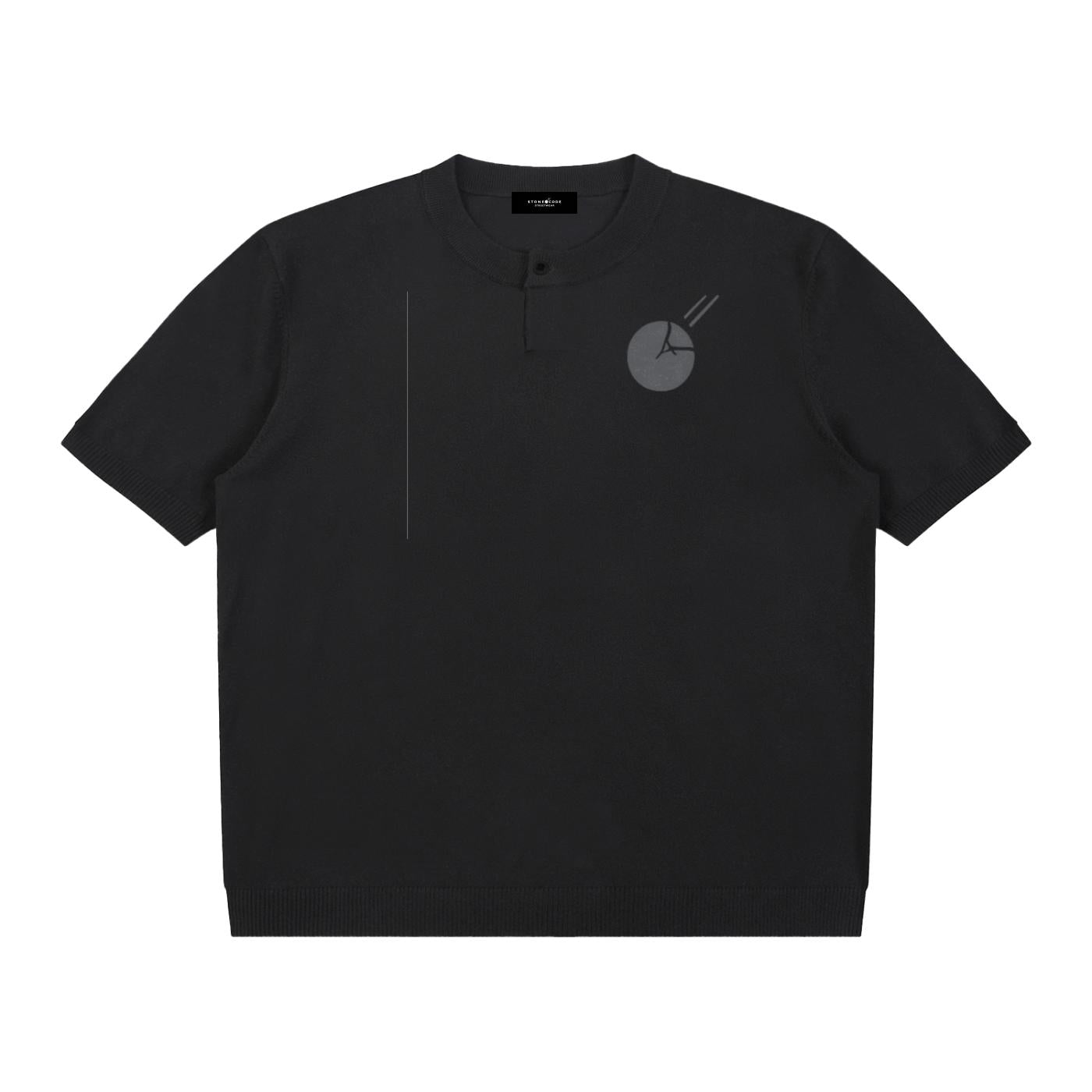 Black cotton knit short sleeve Henley T-shirt with a subtle gray graphic design and ribbed hem.