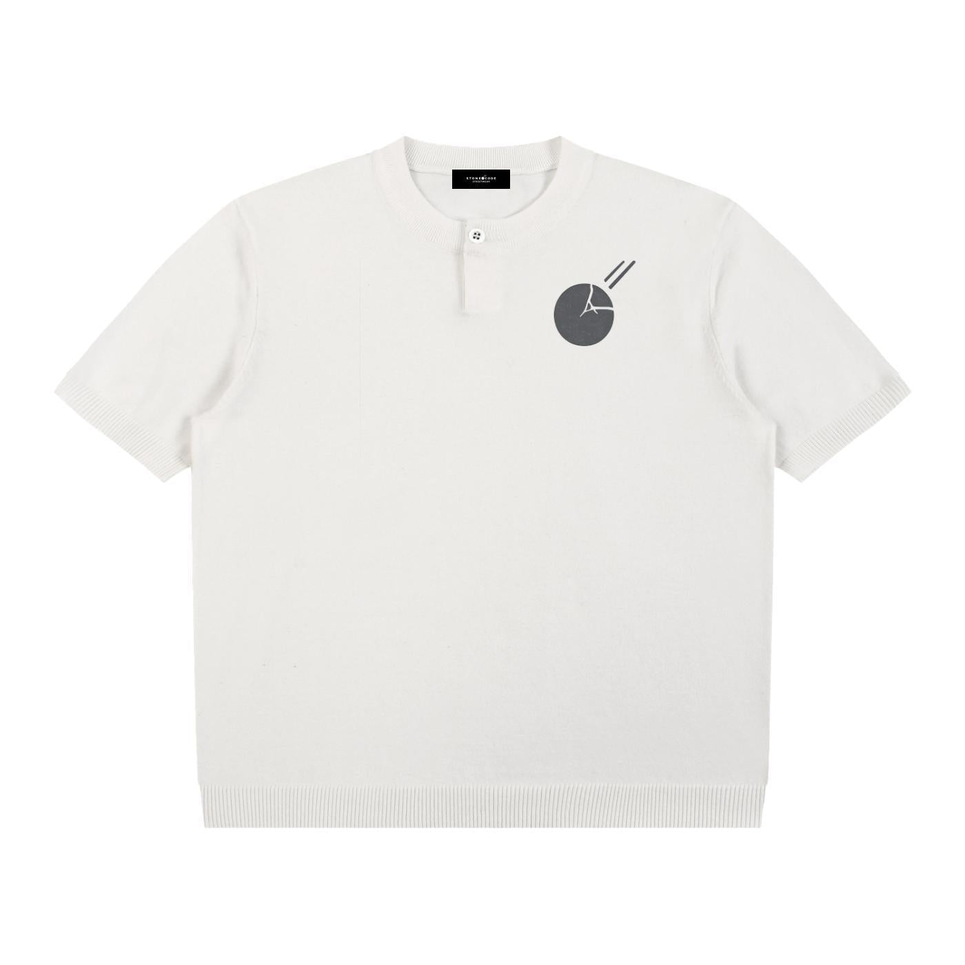 White cotton knit short sleeve Henley T-shirt with a dark grey circular graphic on the chest.