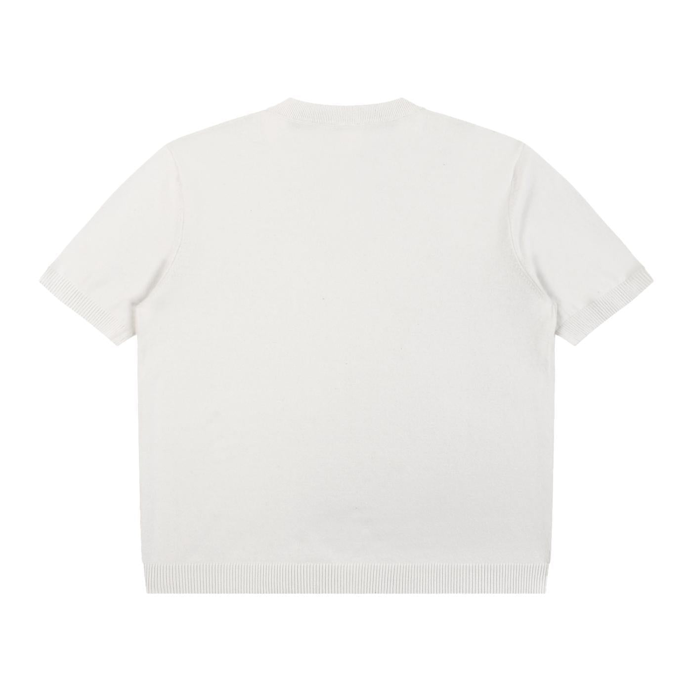 Back view of a plain white oversized cotton knit short sleeve Henley T-shirt with ribbed cuffs and hem.