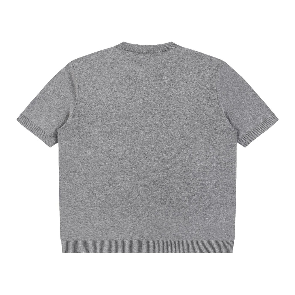 Back view of a grey cotton knit short sleeve Henley t-shirt with ribbed cuffs and hem.