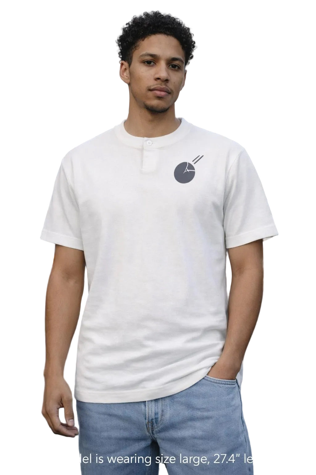 Unisex oversized cotton knit short sleeve Henley t-shirt in off-white with a dark grey graphic, worn by a model.