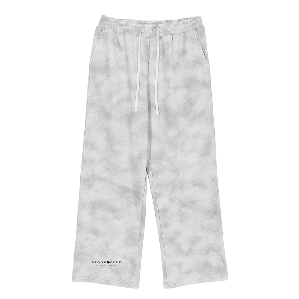 Unisex dirty washed grey fleece sweatpants with drawstring, loose fit, and Stone Code logo.