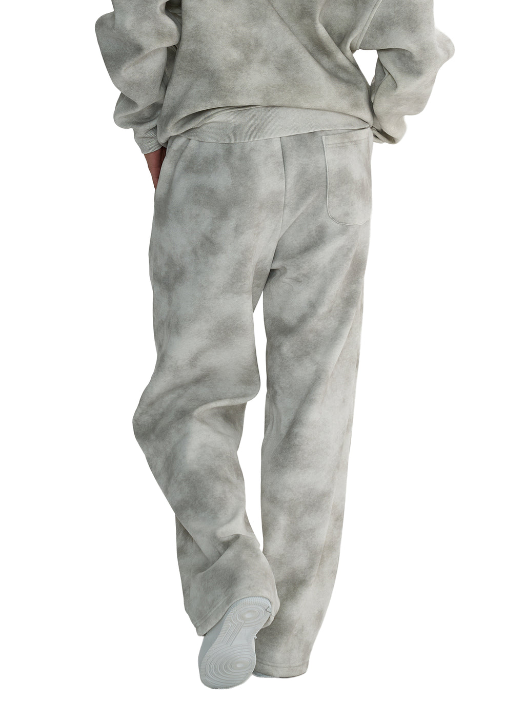Unisex dirty washed grey fleece sweatpants with a loose fit, ribbed cuffs, and back pocket.