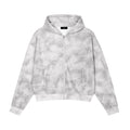 Unisex grey dirty washed zip-up fleece hoodie with pockets, raglan sleeves, and a relaxed fit.