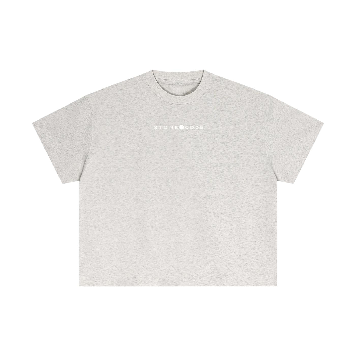 Light grey marl Essential Cotton Boxy T-Shirt with white "STONE CODE" logo, short drop sleeves, and round neck.