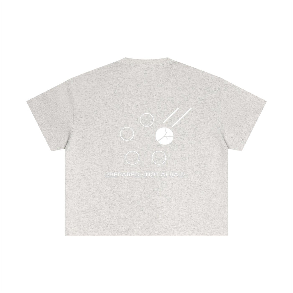 Light grey heather cotton boxy t-shirt with white graphic design and "PREPARED • NOT AFRAID" text on back.