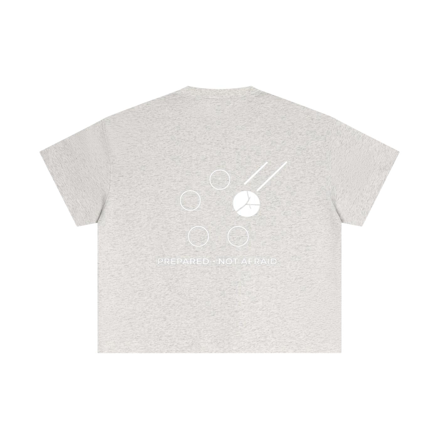 Light grey heather cotton boxy t-shirt with white graphic design and "PREPARED • NOT AFRAID" text on back.