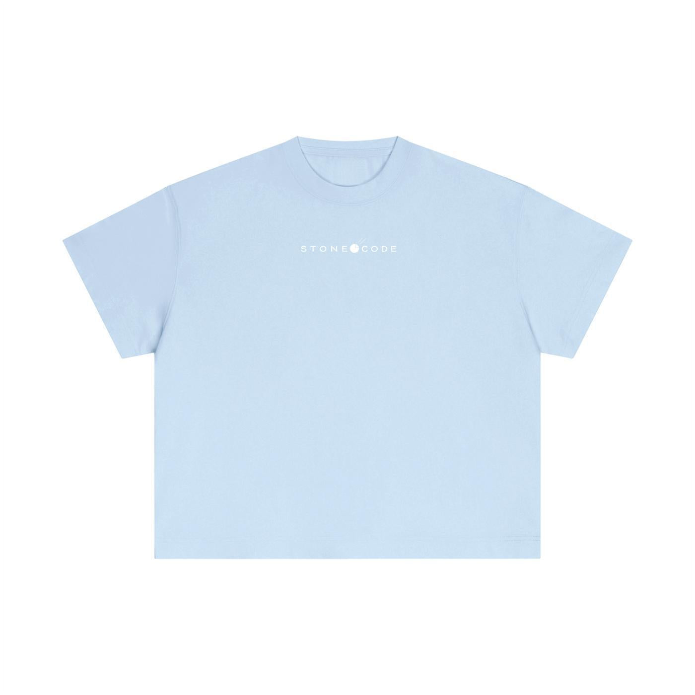 Light blue unisex cotton boxy t-shirt with "STONE CODE" text on chest.