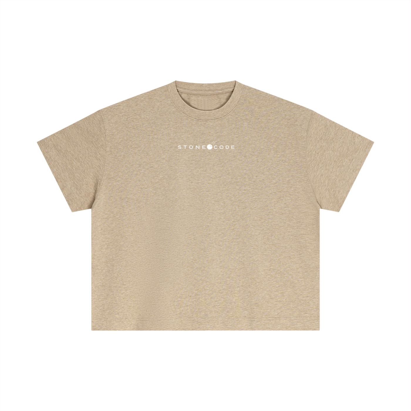 Tan heathered cotton boxy t-shirt with "STONE CODE" logo on chest.