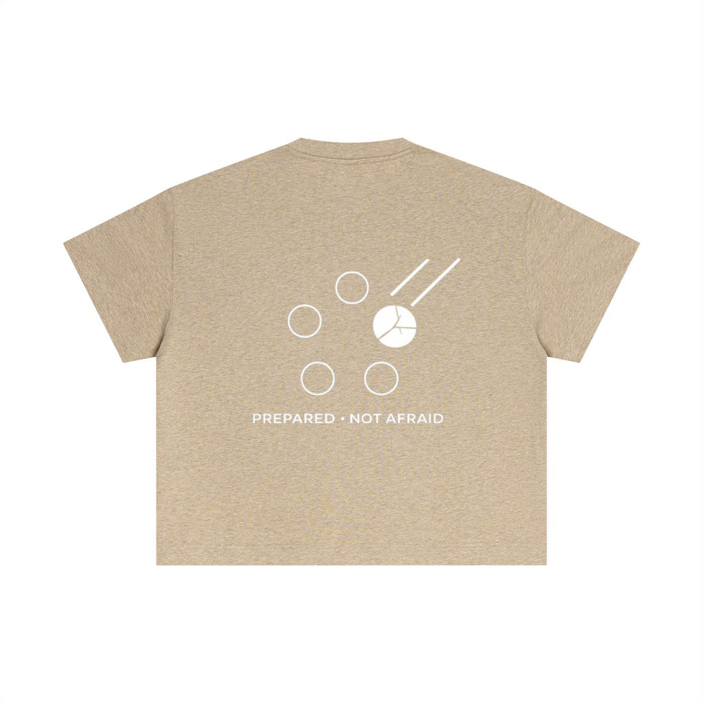 Back of a beige heather cotton boxy t-shirt with a white graphic and "PREPARED • NOT AFRAID" text.