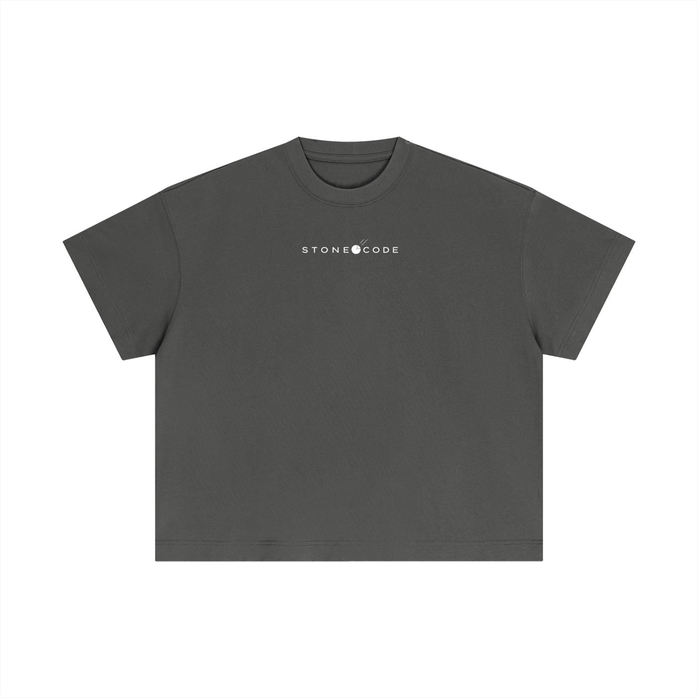 Dark gray essential cotton boxy t-shirt with white "STONE CODE" logo, short drop sleeves, and round neck.