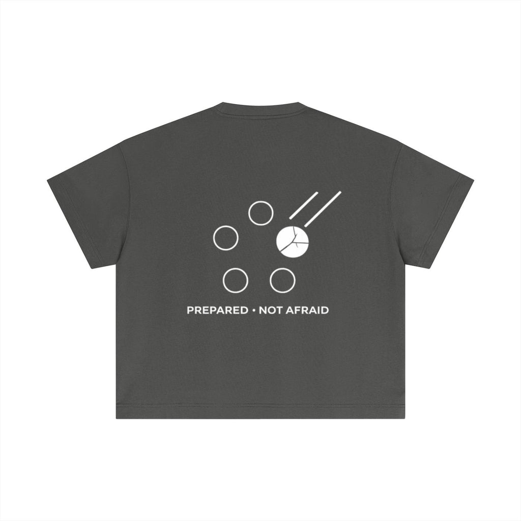 Dark gray cotton boxy t-shirt with "PREPARED • NOT AFRAID" text and abstract white graphic on back.