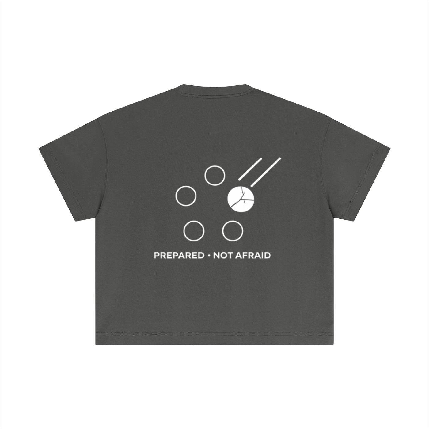 Dark gray cotton boxy t-shirt with "PREPARED • NOT AFRAID" text and abstract white graphic on back.