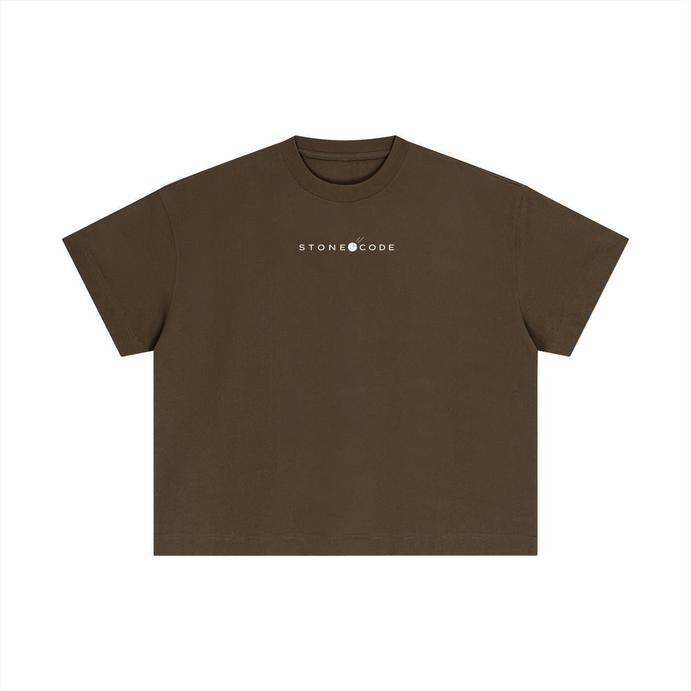 Brown Essential Cotton Boxy T-Shirt with white "STONE CODE" logo, short drop sleeves, and round neck.