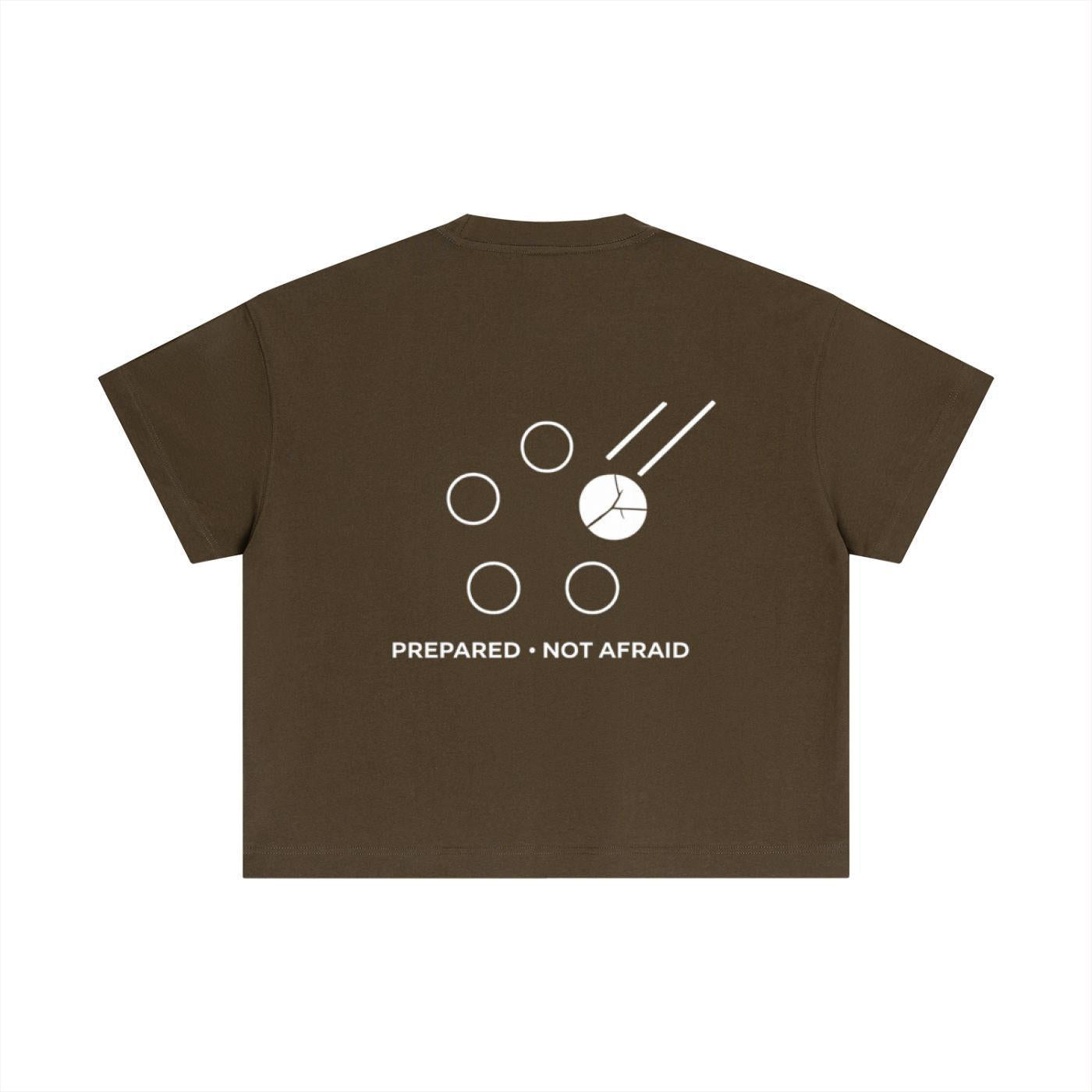 Back of a brown essential cotton boxy t-shirt with a white graphic print and "PREPARED • NOT AFRAID" text.