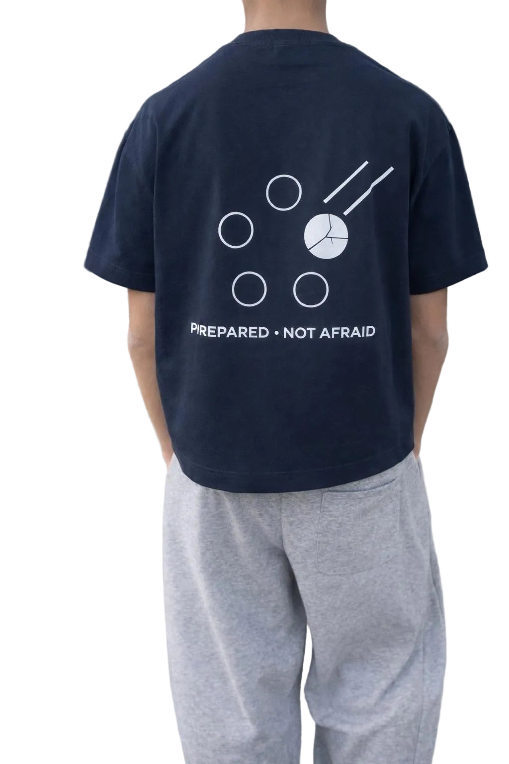 Unisex navy blue cotton boxy t-shirt with white "Prepared Not Afraid" graphic on back.