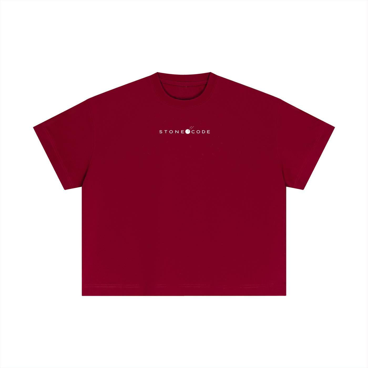 Red essential cotton boxy t-shirt with white "STONE CODE" logo, short drop sleeves, and round neck.