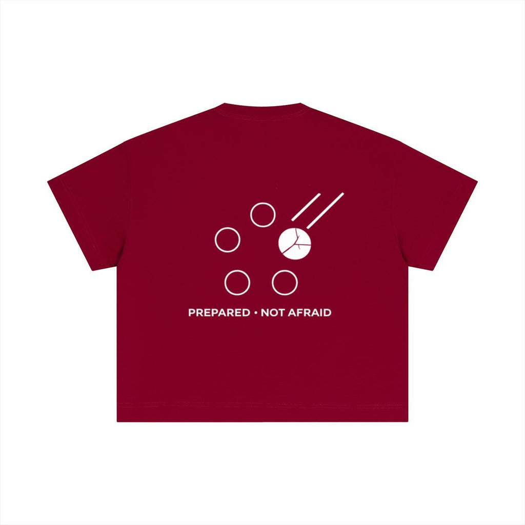 Red essential cotton boxy t-shirt with white "PREPARED • NOT AFRAID" graphic and abstract design.