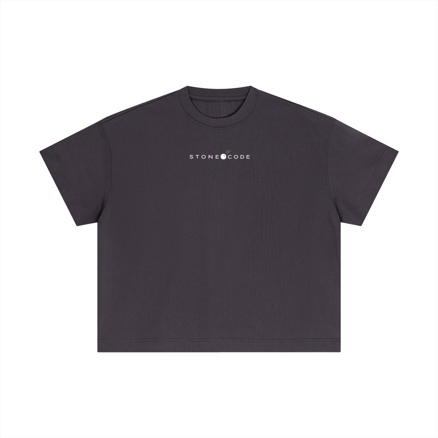 Dark grey essential cotton boxy t-shirt with white "STONE CODE" logo, short drop sleeves, and round neck.