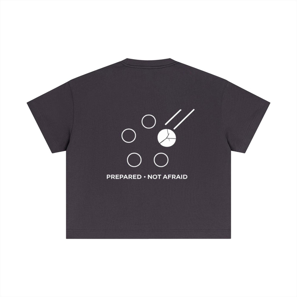 Back of a dark grey essential cotton boxy t-shirt with a white "PREPARED • NOT AFRAID" graphic.