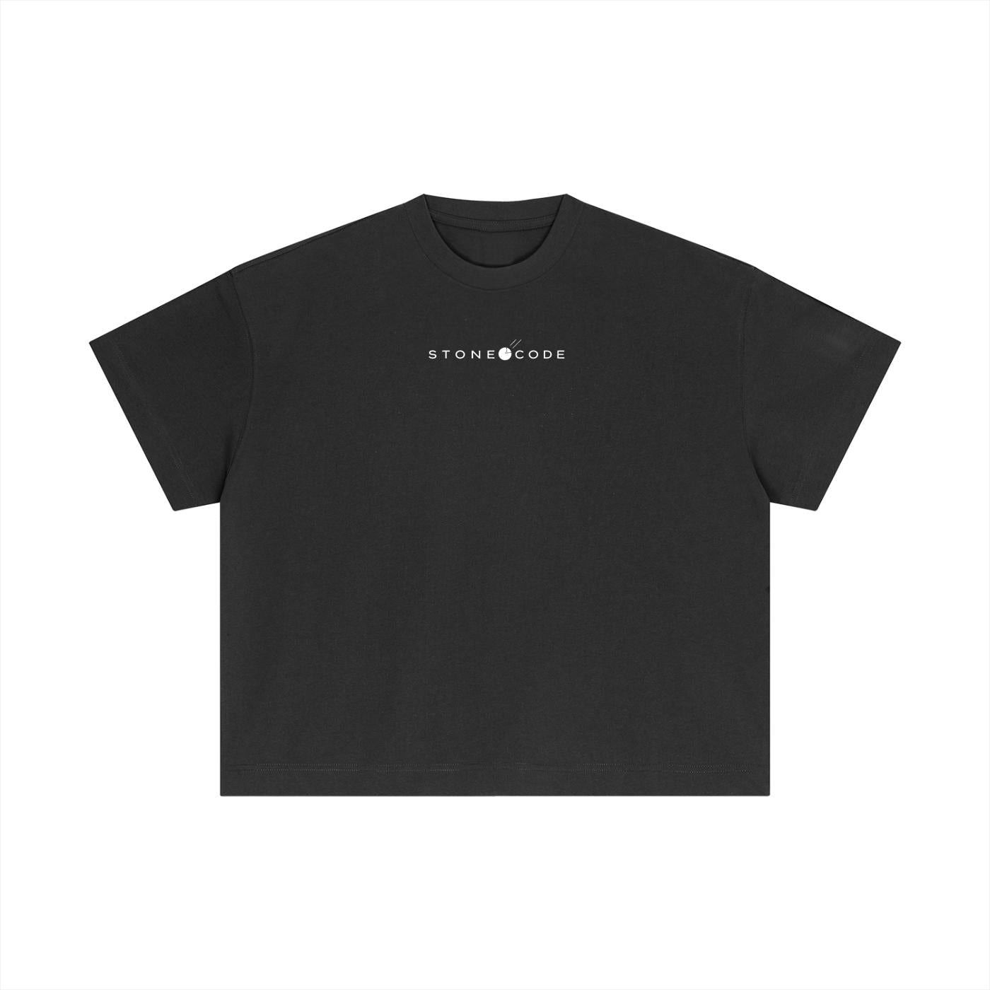Black Essential Cotton Boxy T-shirt with white "STONE CODE" logo, short drop sleeves, and round neck.