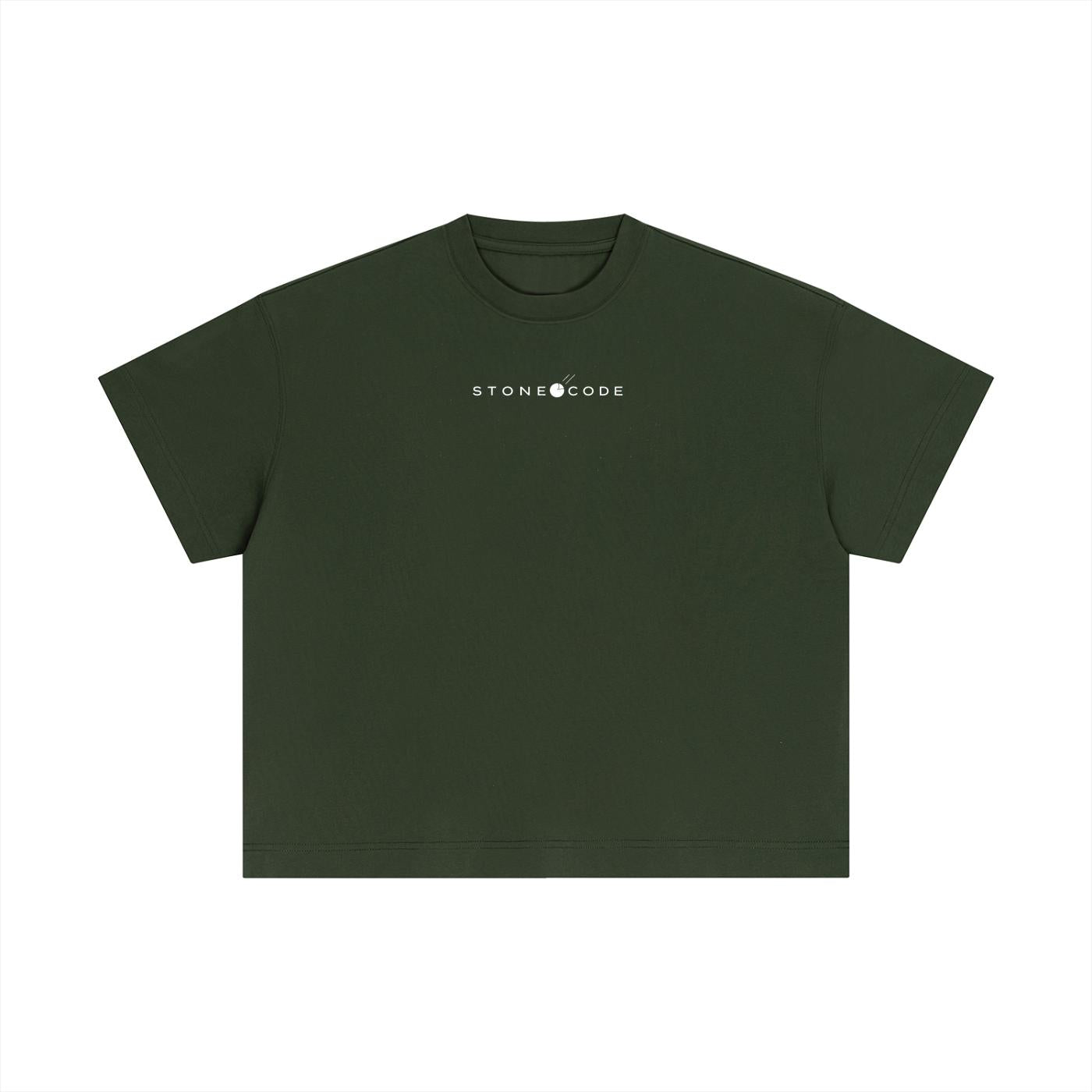 Dark green essential cotton boxy t-shirt with white "STONE CODE" logo, short drop sleeves, and round neck.