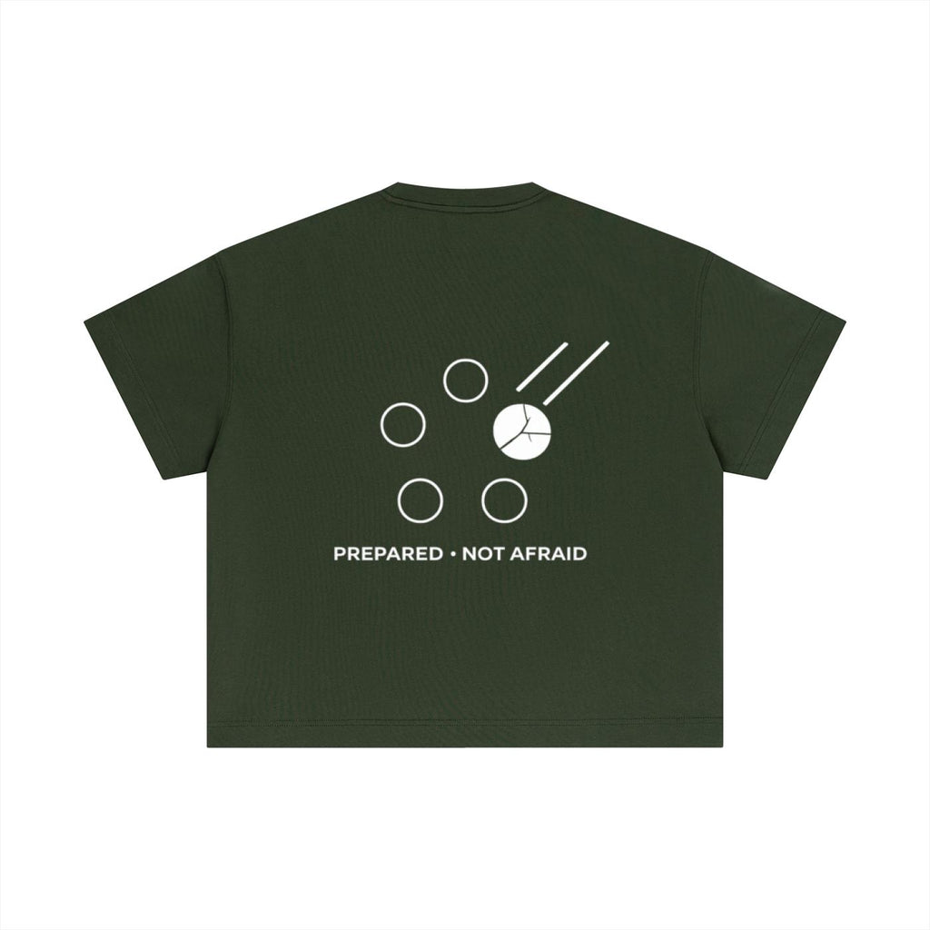 Dark green cotton boxy t-shirt with a white graphic design and "PREPARED • NOT AFRAID" text on the back.