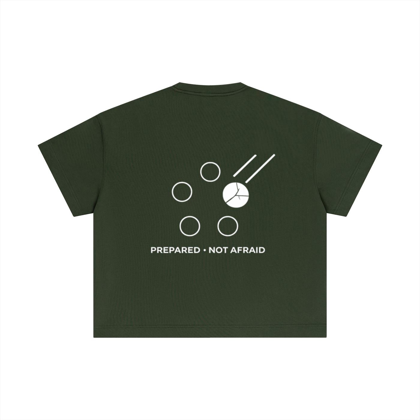 Dark green cotton boxy t-shirt with a white graphic design and "PREPARED • NOT AFRAID" text on the back.