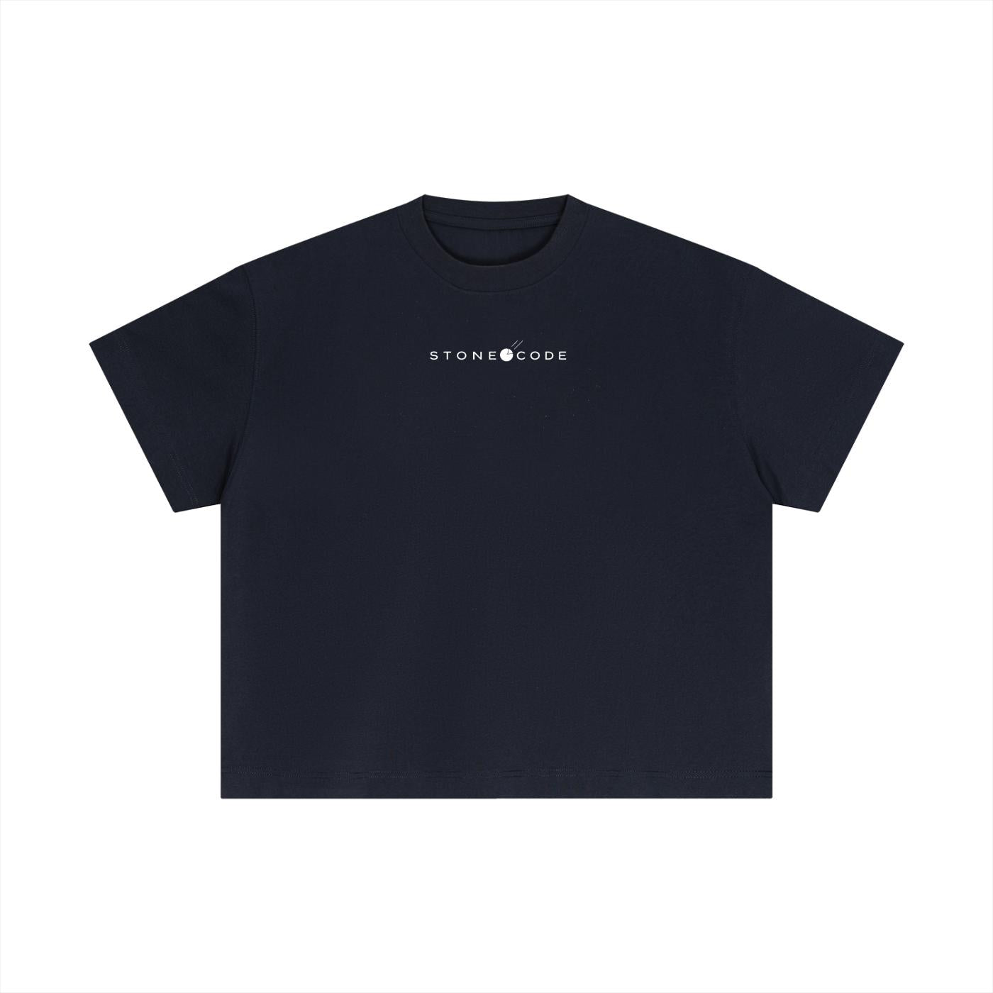 Dark navy essential cotton boxy t-shirt with white "STONE CODE" logo on chest.