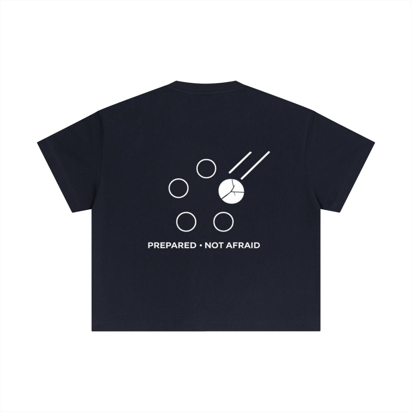 Navy blue essential cotton boxy t-shirt with white "PREPARED • NOT AFRAID" text and abstract graphic on back.